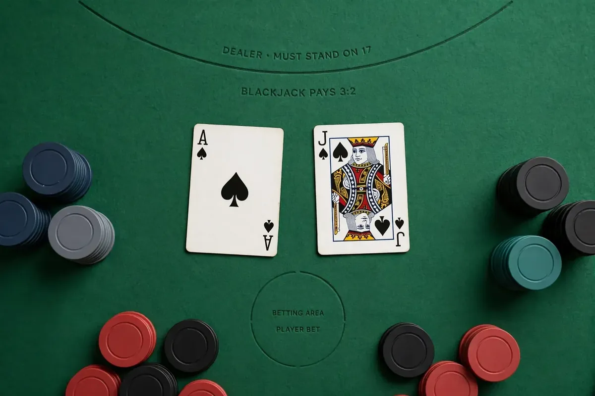 AI-generated image: a blackjack hand, ace and jack of spades, on a green felt table with chips